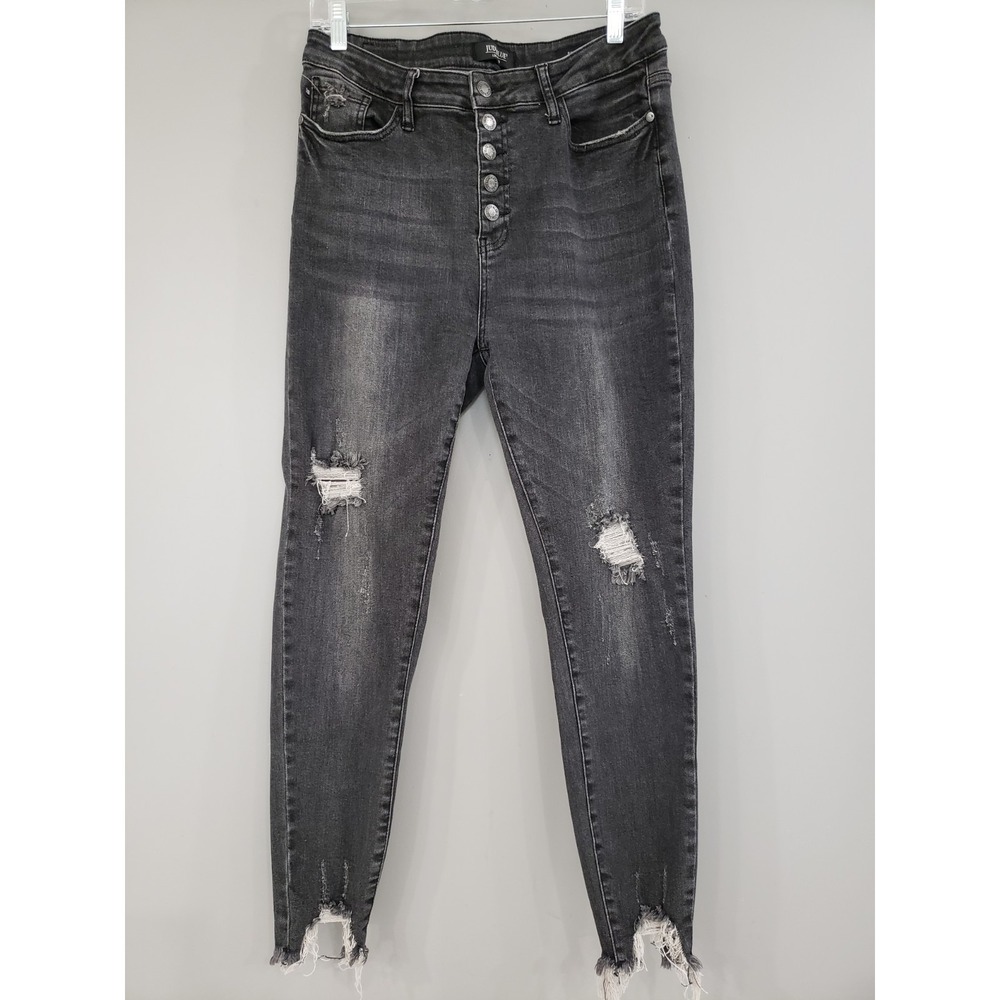 Womens Judy Blue Faded Black Distressed Denim Skinny Fit Size 13/31 Raw Hem Jean